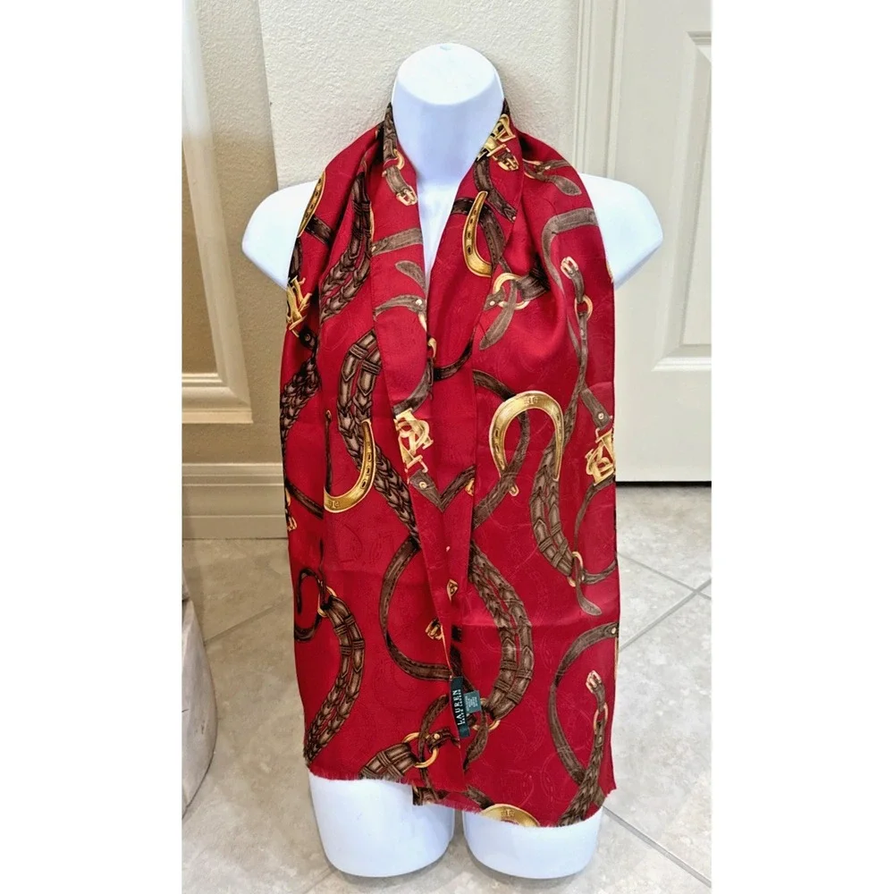 LRL Silk Scarf Ralph Lauren Red Gold Equestrian Horseshoe Bridal Reign 12x58